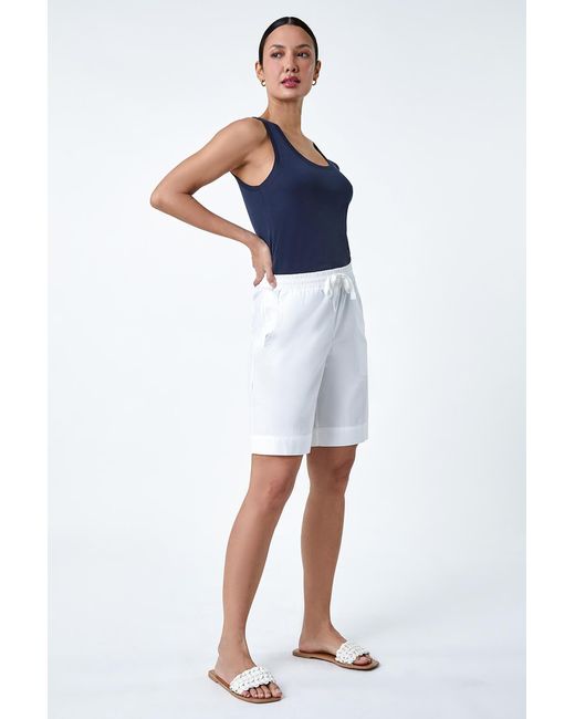 Roman Blue Cotton Elastic Waist Tie Detail Pocket Shorts