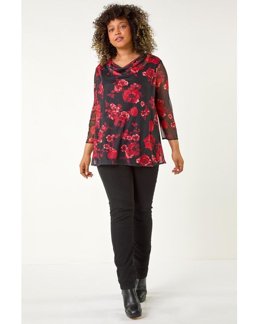 Roman Curve Red Floral Mesh Cowl Neck Top