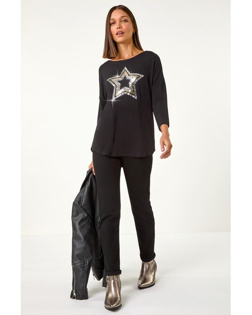 Roman Blue Embellished Sequin Star Stretch Top