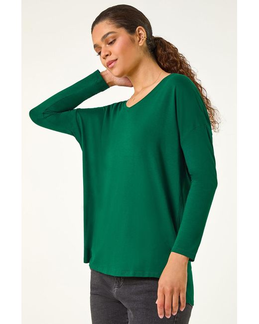 Roman Green V-Neck Tunic Stretch Top