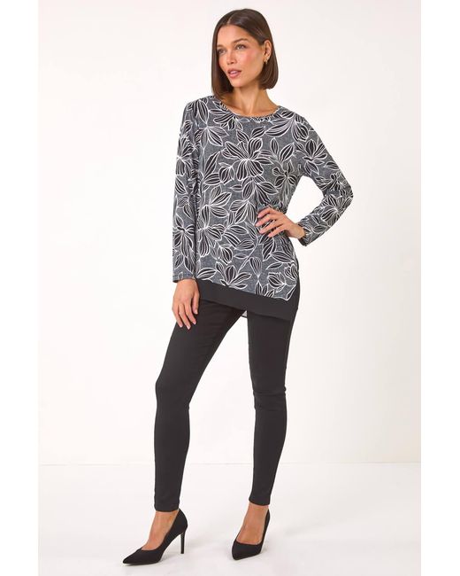 Roman Gray Floral Puff Print Chiffon Hem Top
