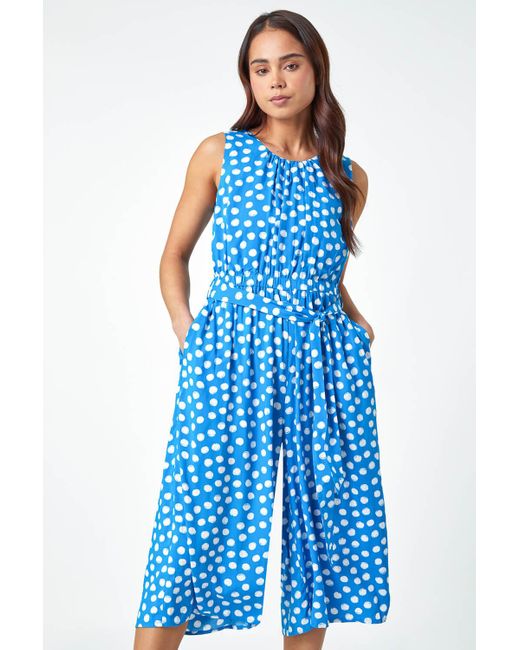 Roman Blue Petite Polka Dot Cropped Jumpsuit