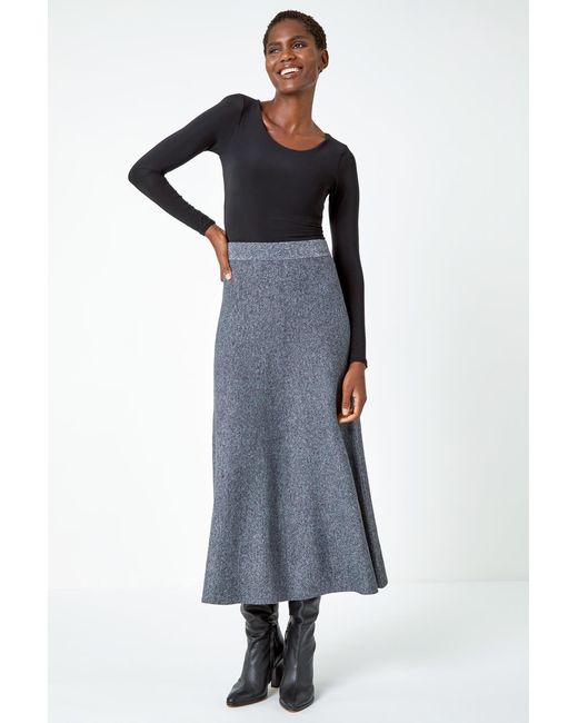 Roman Gray Knitted Elastic Waist A Line Midi Skirt