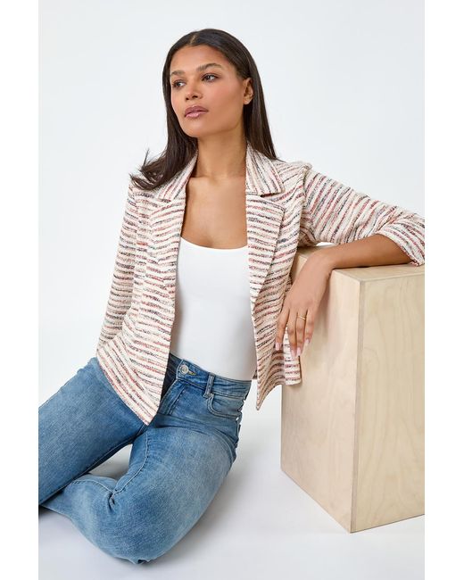 Roman White Stripe Textured 3/4 Sleeve Cotton Blend Jacket