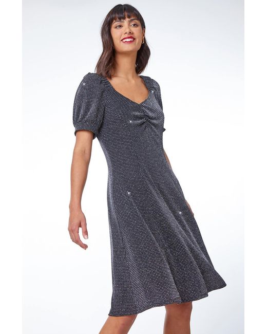 Roman Black Shimmer Sweetheart Neck Swing Dress