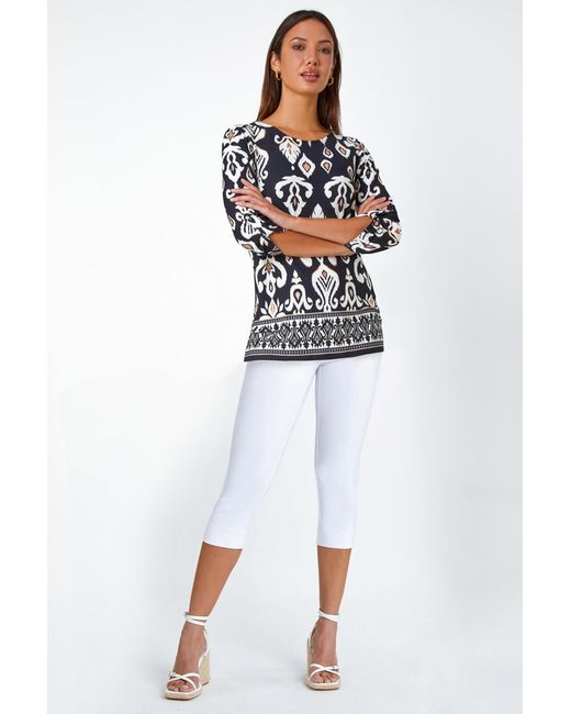 Roman Black Aztec Border Print Stretch Tunic Top