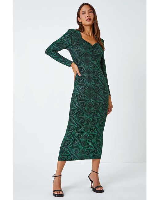 Roman Green Geometric Glitter Print Midi Stretch Dress