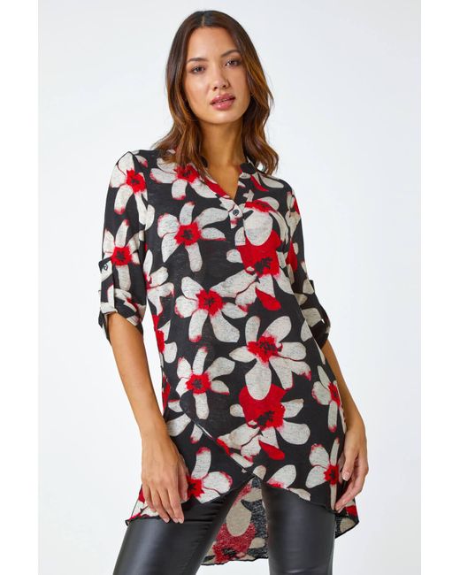 Roman Red Floral Print Wrap Detail Tunic Top