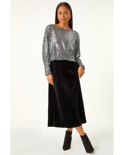 Roman Petite Black Contrast Sequin Velvet Dress