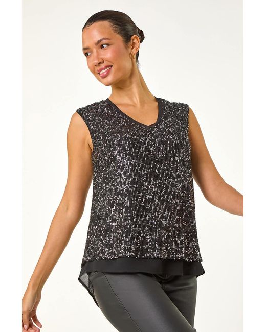 Roman Black Sequin V-Neck Tunic Stretch Top