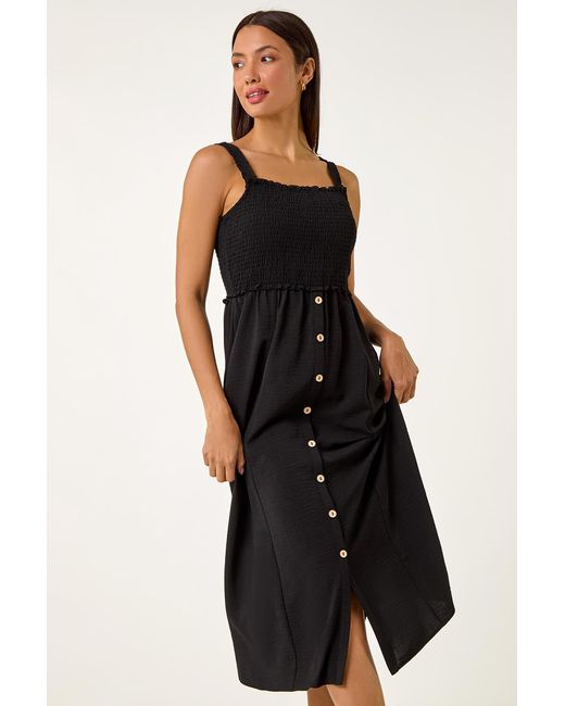Roman Blue Shirred Button Detail Midi Dress