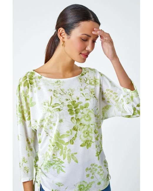 Roman Green Floral Print Ruched Tie Detail Top
