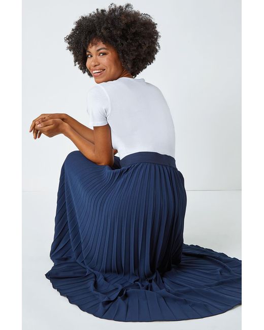 Roman Blue Pleated Elastic Waist Maxi Stretch Skirt