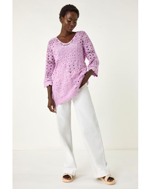 Roman Pink Crochet Scallop Edge Knit Tunic