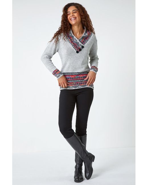 Roman Gray Nordic Print Button Detail V-Neck Jumper