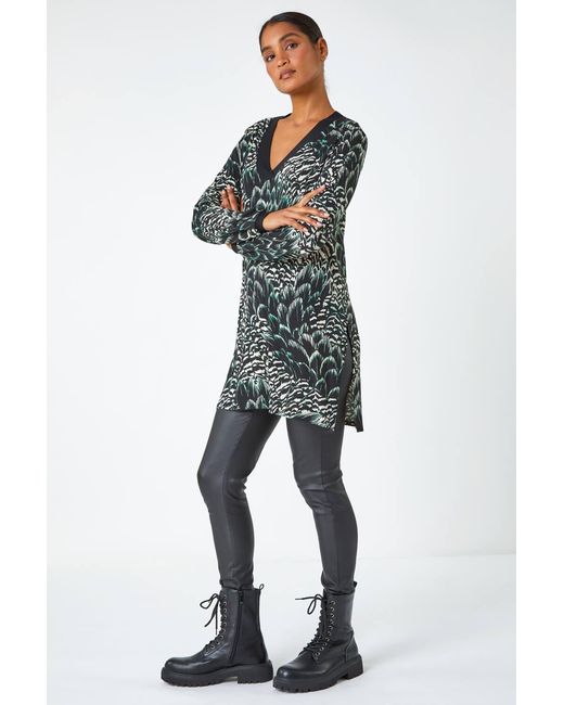 Roman Green Abstract Stretch Jersey V-Neck Tunic Top