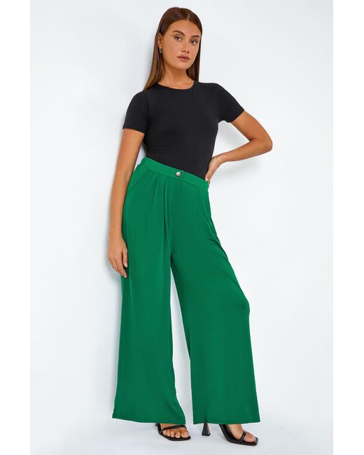 Roman Green Button Detail Wide Leg Stretch Trouser