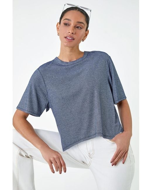 D.u.s.k Blue Metallic Shimmer Ribbed Stretch T-Shirt