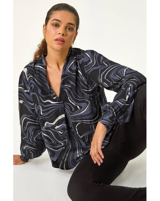 Roman Black Metallic Foil Printed V-Neck Top