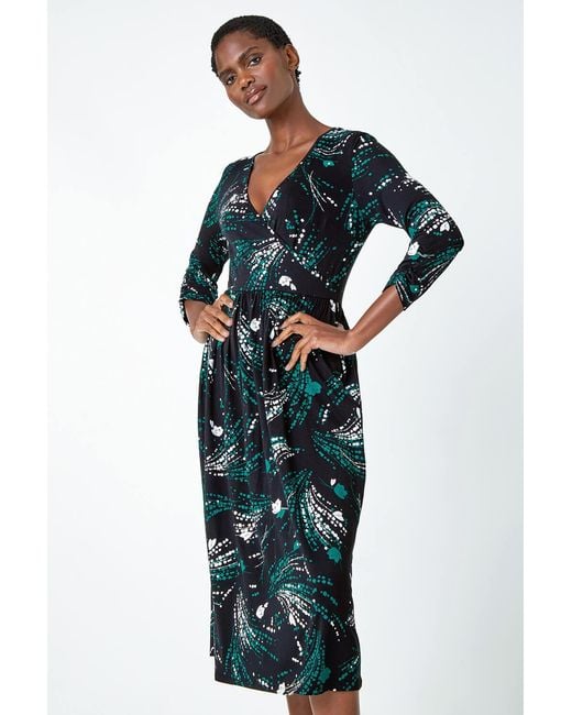 Roman Blue Abstract Print Wrap Midi Stretch Dress