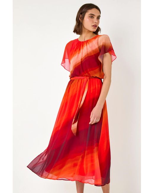 Roman Red Ombre Cape Sleeve Midi Dress