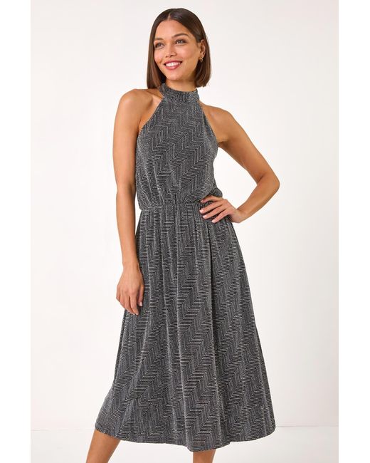 Roman Metallic Sparkle Halter Neck Stretch Midi Dress