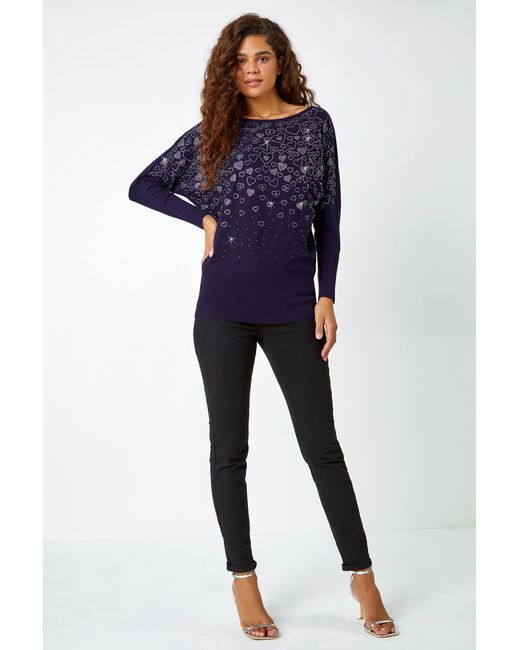 Roman Blue Embellished Diamante Heart Jumper
