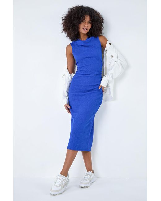 Roman Blue Dusk Fashion Ruched Cowl Neck Midi Dress