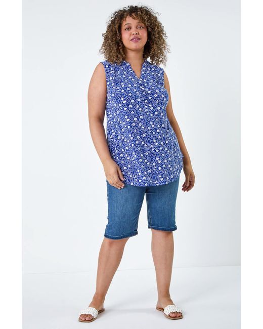 Roman Blue Curve Textured Ditsy Floral Stretch Top