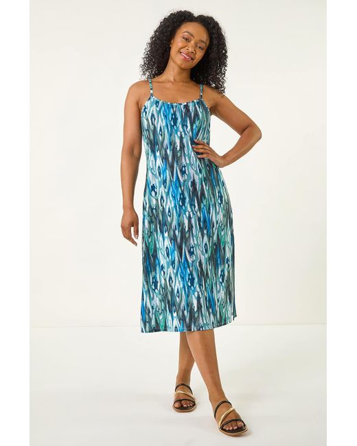 Roman Petite Blue Strappy Abstract Shift Midi Dress