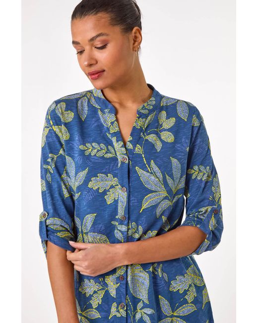 Roman Blue Leaf Print Cotton Blouse