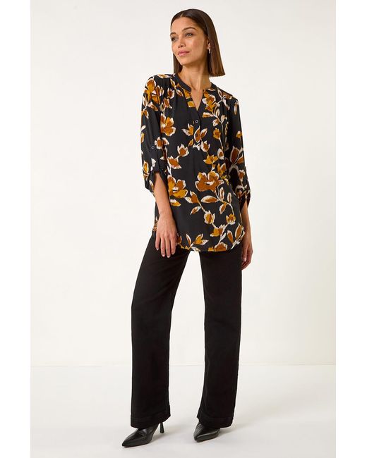 Roman Black Abstract Print Pleated Shirt