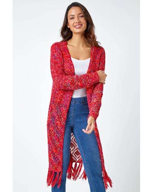 Roman Red Fringed Hem Mixed Yarn Longline Cardigan