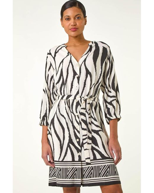 Roman Natural Abstract Border Tie Shirt Dress