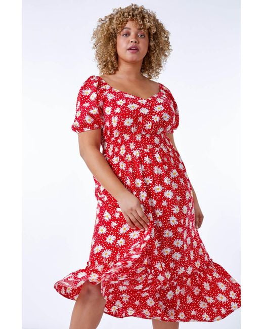 Roman Curve Red Floral Print Midi Dress