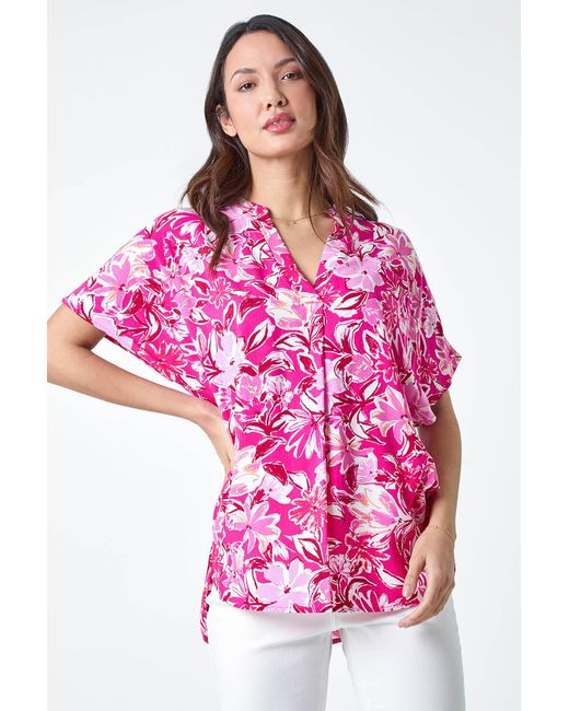 Roman Pink Floral Print V-Neck Pleat Front Overshirt