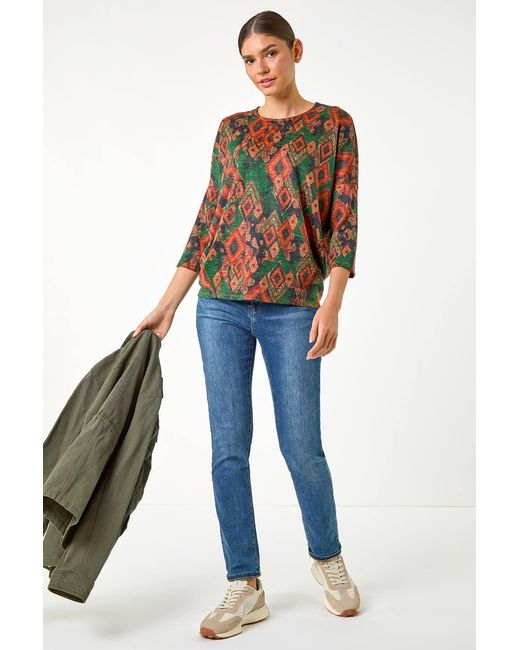Roman Green Abstract Aztec Print Top