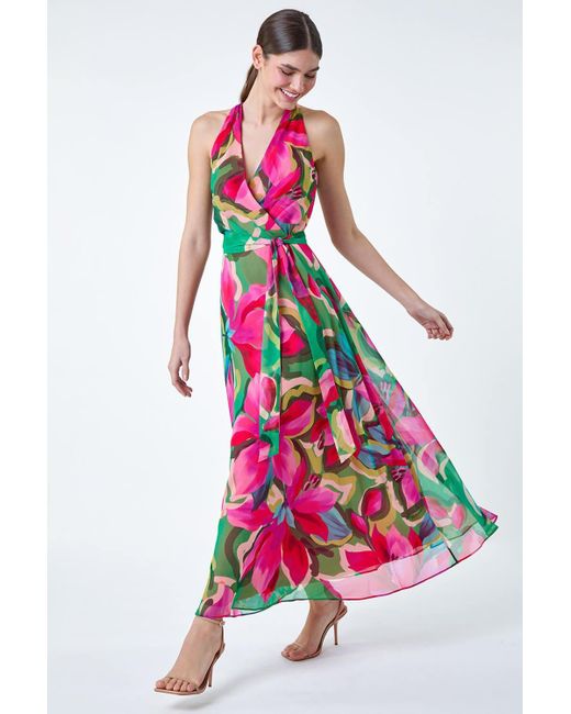 Roman Pink Floral Print Halterneck Maxi Dress