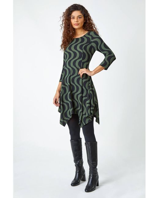 Roman Green Wave Stretch Hanky Hem Pocket Dress