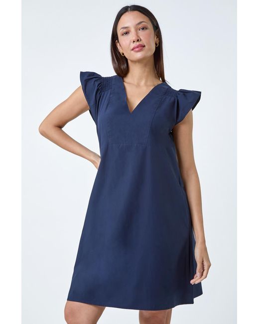 Roman Blue Plain Cotton Frill Sleeve Pocket Dress