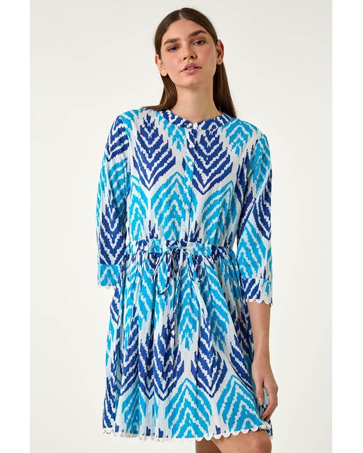 Roman Blue Cotton Zig Zag Frill Trim Smock Dress
