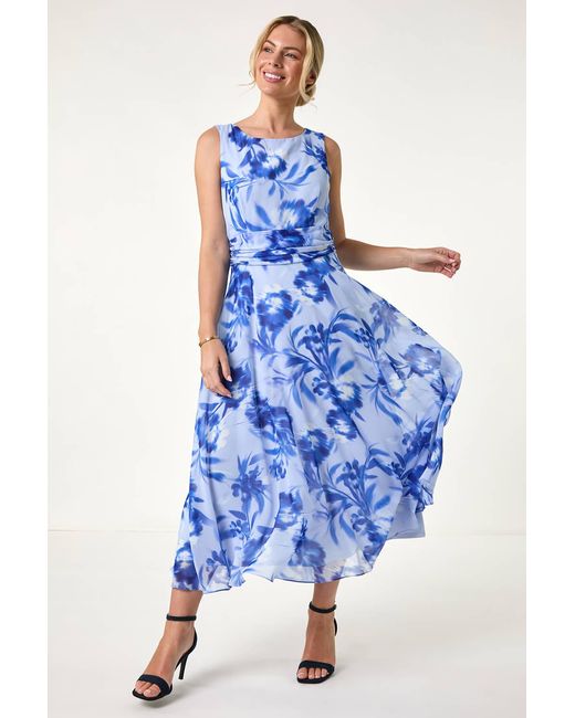 Roman Petite Blue Floral Print Midi Dress