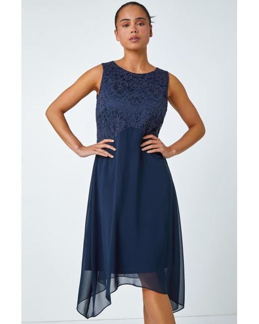 Roman Blue Originals Petite Lace Bodice Chiffon Dress