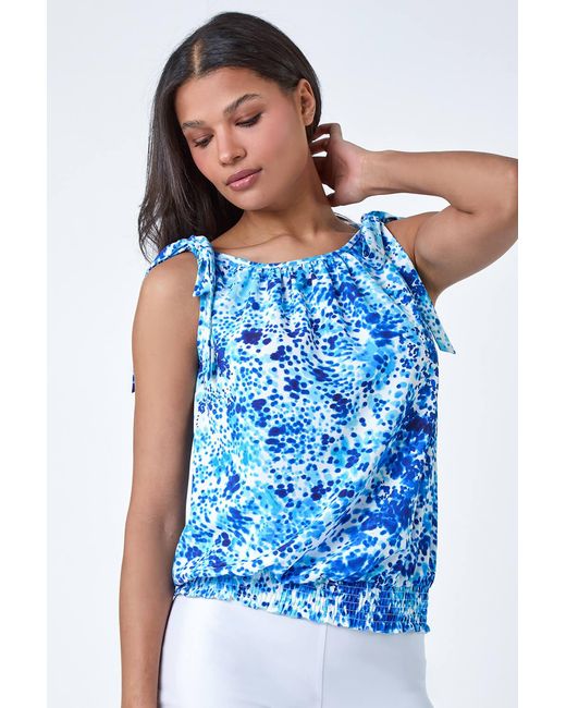 Roman Blue Bow Detail Abstract Spot Shirred Top
