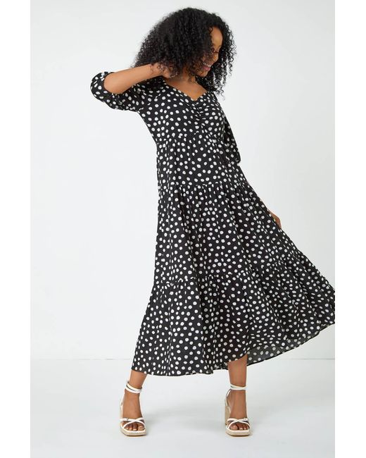 Roman Petite Black Polka Dot Tiered Midi Dress