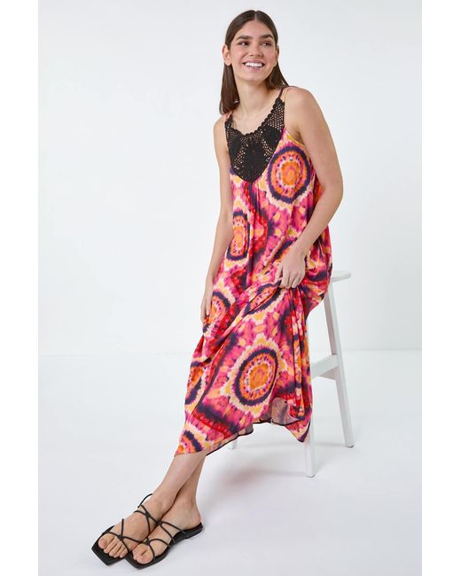 Roman Red Tie Dye Crochet Detail Pocket Midi Dress