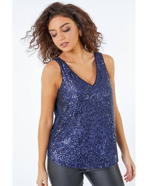 Roman Petite Blue Sequin Sparkle Vest Top