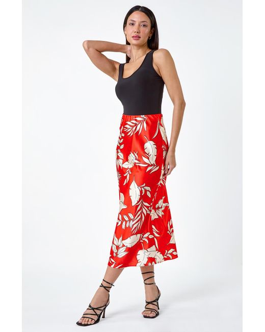 Roman Red Dusk Fashion Floral Print Satin Midi Skirt