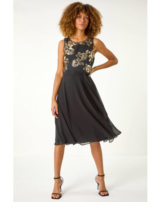 Roman Black Foil Floral Print Fit & Flare Dress