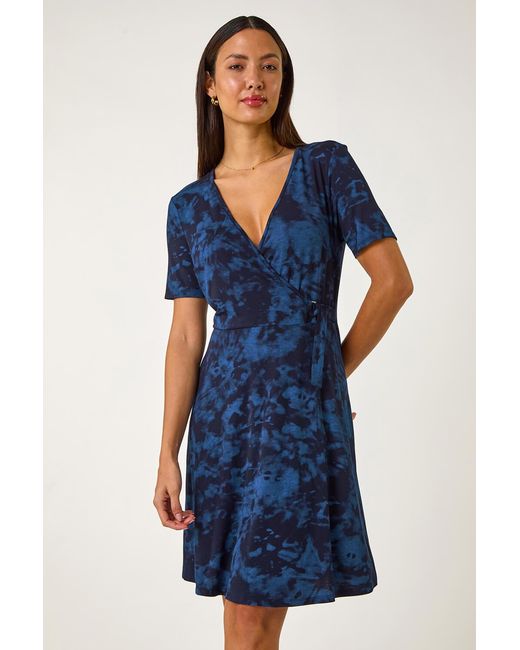Roman Blue Stretch Tie Dye Buckle Wrap Dress